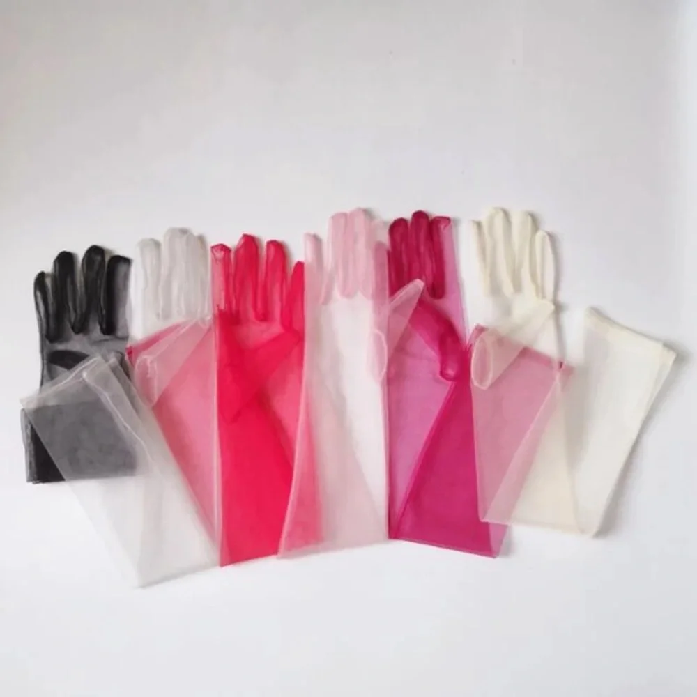 2PAIRS Mesh Kink Long Tulle Crumbling Taffeta Black High Gloves Transparent